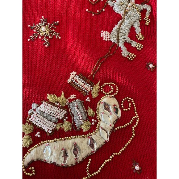 Victoria Jones Red Christmas Cardigan Sweater Sherpa Collar Beads Medium Petite - Picture 5 of 9